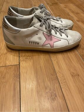Golden Goose Style White Leather Sneakers with Pink Star